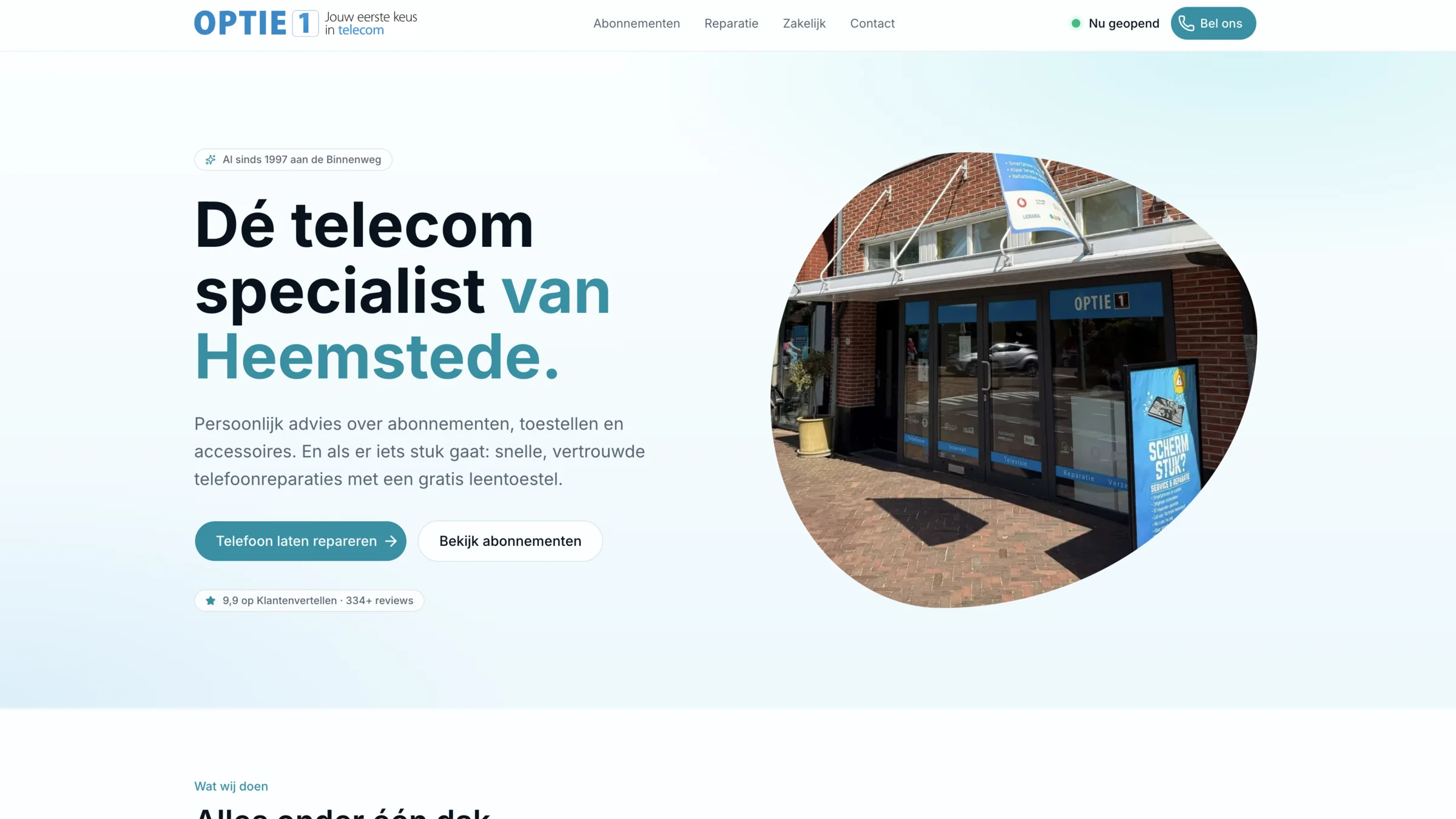 Renewed Optie 1 Heemstede homepage with a clear proposition, actions and local store image