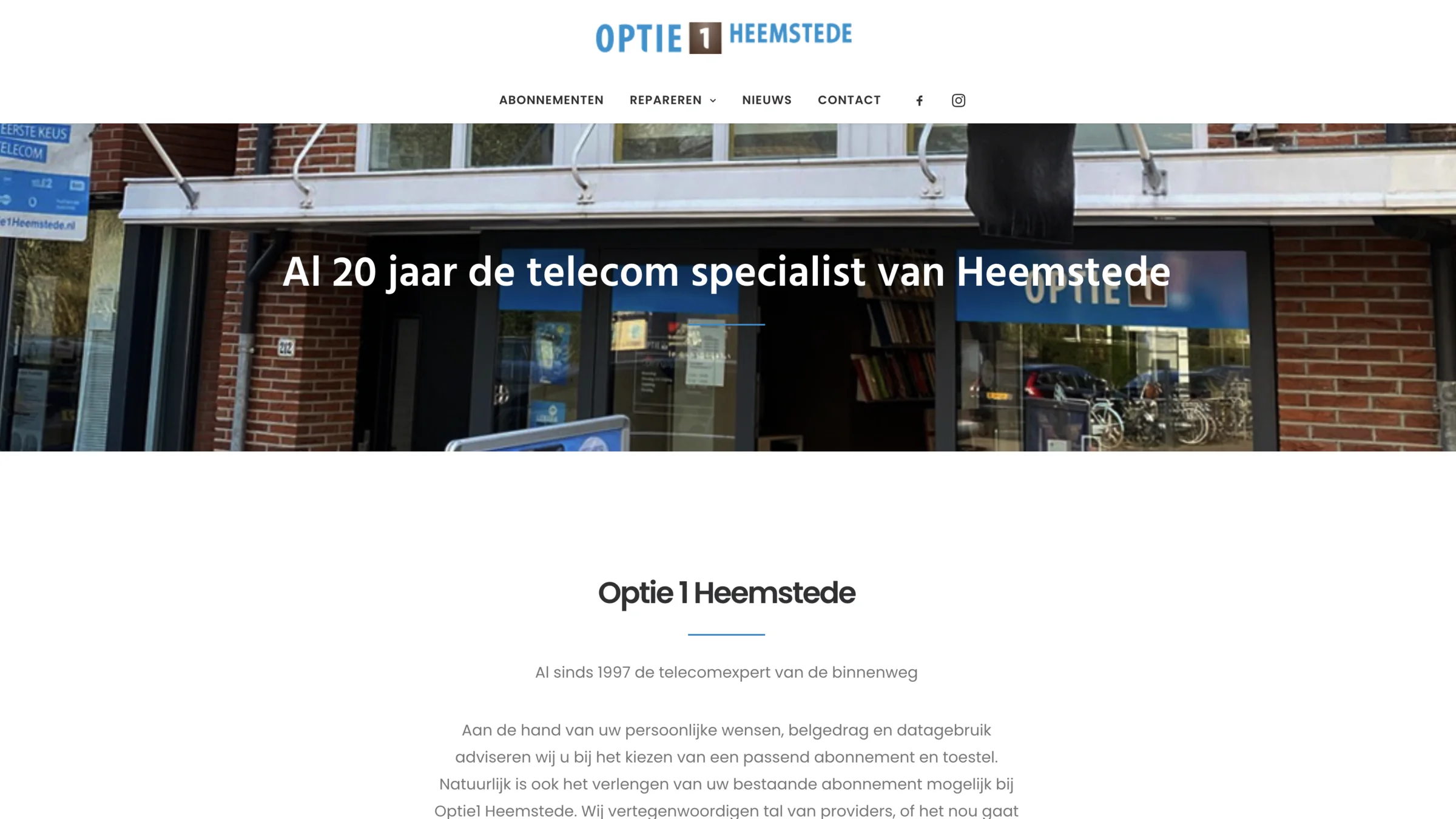 Previous Optie 1 Heemstede homepage with a storefront hero and centred navigation