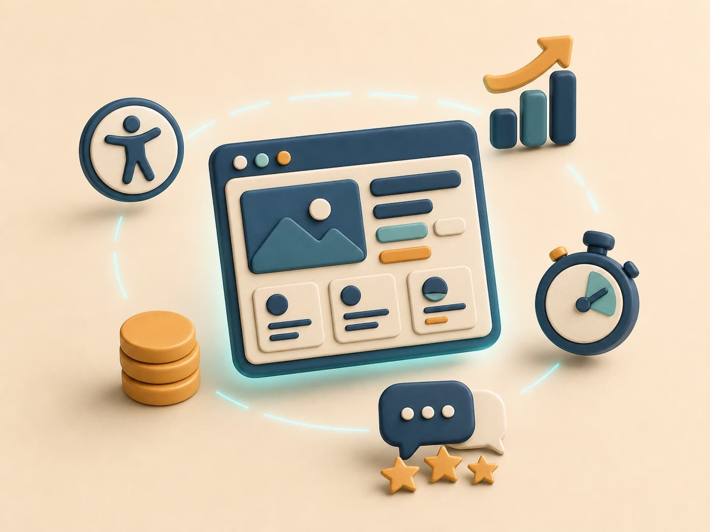 Clay website surrounded by symbols for accessibility, rankings, speed, reviews and commercial value