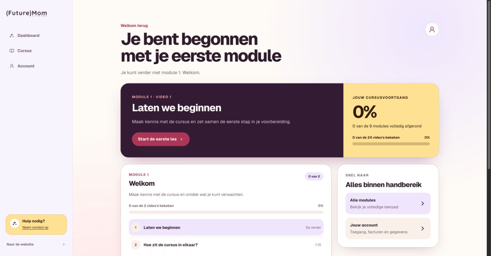 The Future Mom Academy course dashboard